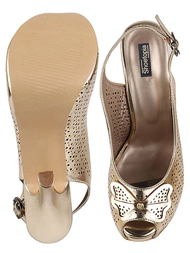 Stylestry Women's & Girl's Gold Slim Heeled Peep Toes with Bows