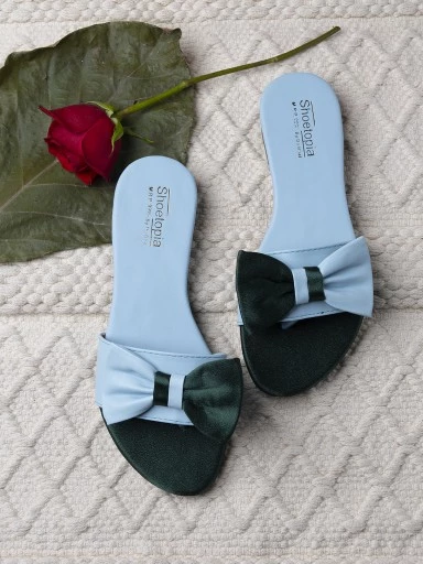 Stylestry Womens & Girls Green & Blue Colourblocked Open Toe Flats