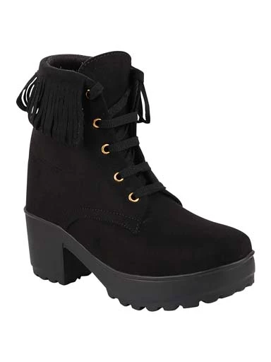 Stylestry Womens & Girls Black Lace Up Heeled Boots
