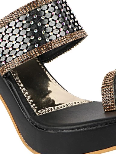 Stylestry Womens & Girls Black One Toe Ethnic-Embellished Slim Heels
