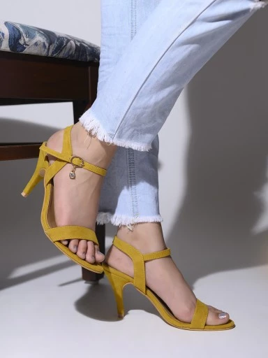 Stylestry Women Yellow Solid Velvet Stilettos Heels