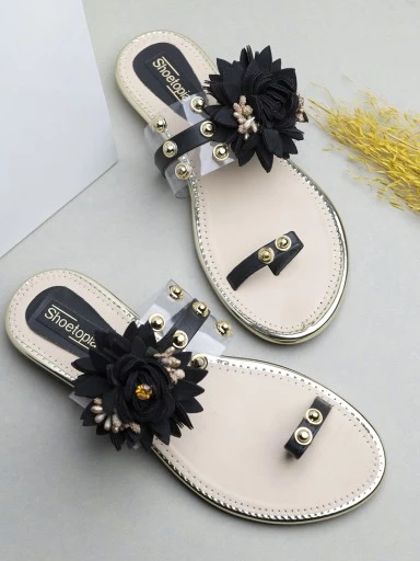 Stylestry Women Black Solid Embellished One Toe Flats