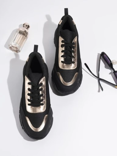Stylestry Women Black & Gold Colourblocked Sneakers
