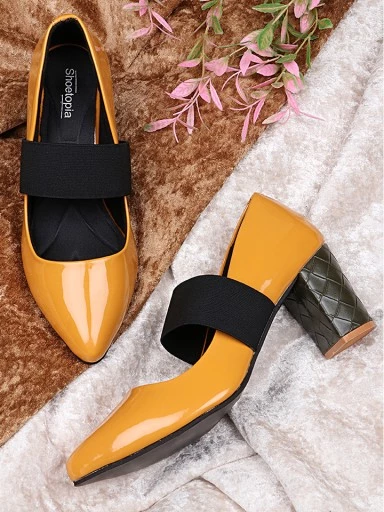 Stylestry Yellow Colourblocked Block Pumps