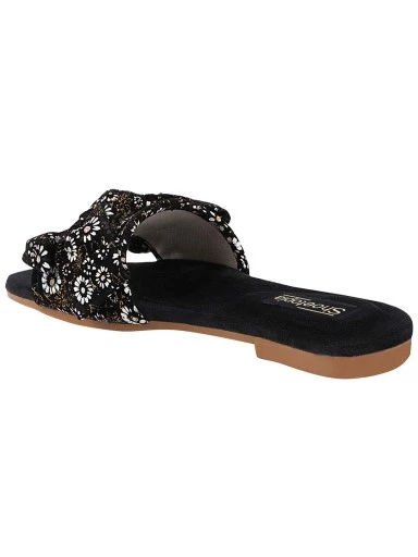 Stylestry Women Black Embellished Open Toe Flats with Bows