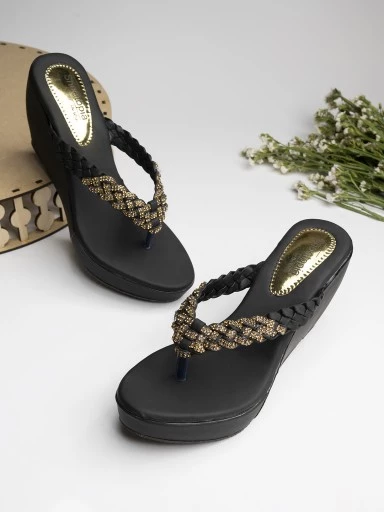 Stylestry Women's & Girl's Black Textured Wedges Heels