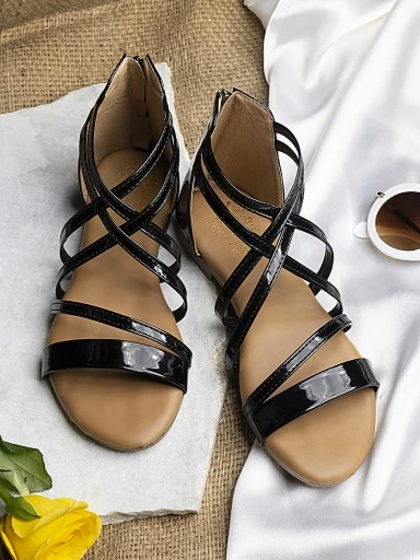 Stylestry Womens & Girls Black Zipper Gladiator Flats