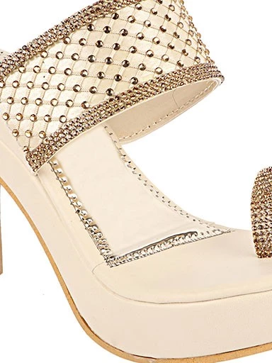 Stylestry Womens & Girls Cream One Toe Ethnic-Embellished Slim Heels