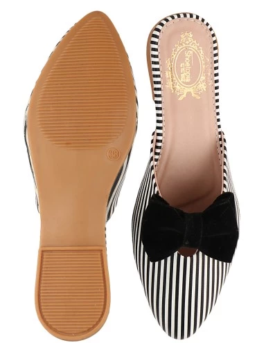 Stylestry Women Black & White Striped Mules with Bow