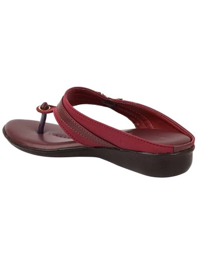 Stylestry Women Maroon T-Strap Flats with Laser Cuts