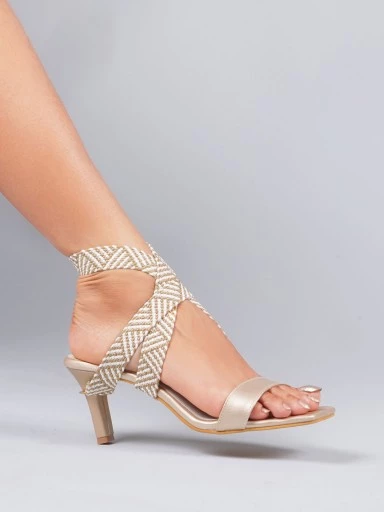 Stylestry Trendy Stylish Embellished Golden Heeled Sandals For Women & Girls