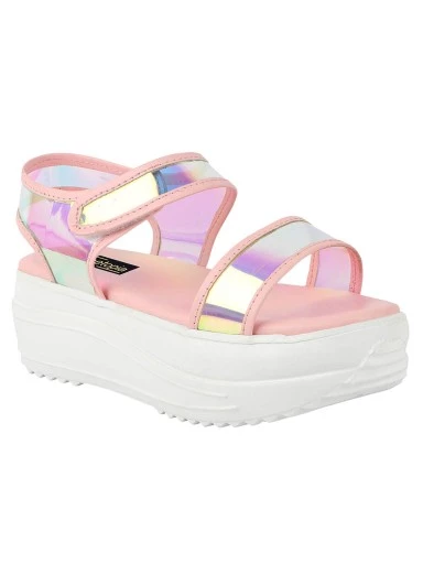 Stylestry Pink Embellished Flatform Heeled Sandals