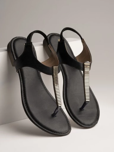 Stylestry Womens & Girls Black Embellished T-Strap Flats