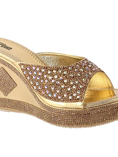 Stylestry Women's & Girl's Gold Embellished Ethnic Wedges Heels Sandals