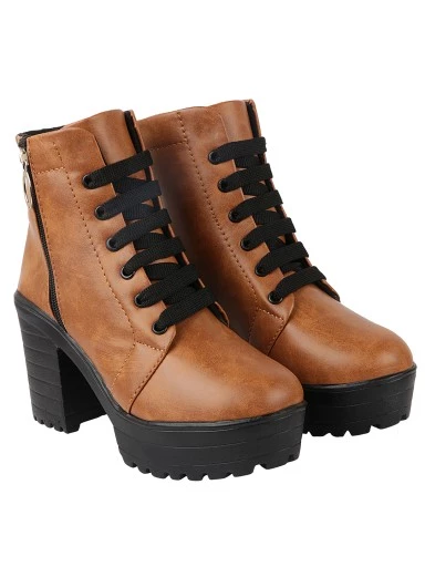 Stylestry Womens & Girls Tan Coloured Solid Lace Up Boots