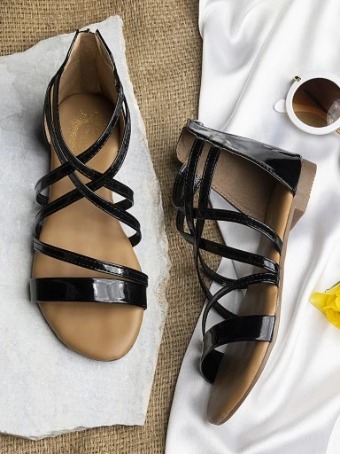 Stylestry Womens & Girls Black Zipper Gladiator Flats