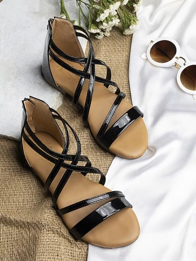 Stylestry Womens & Girls Black Zipper Gladiator Flats