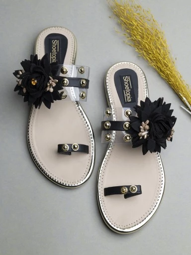 Stylestry Women Black Solid Embellished One Toe Flats