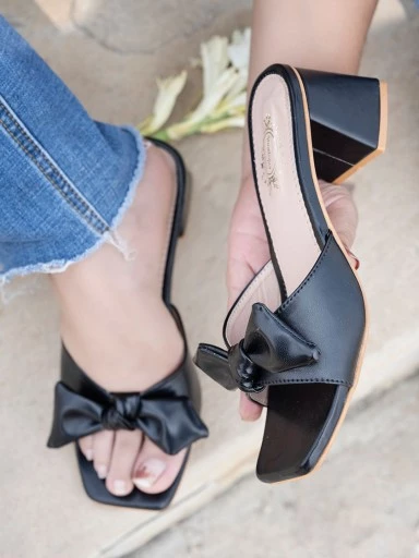 Stylestry Trendy Casual Party Wear Bow Decor Black Block Heels For Women & Girls
