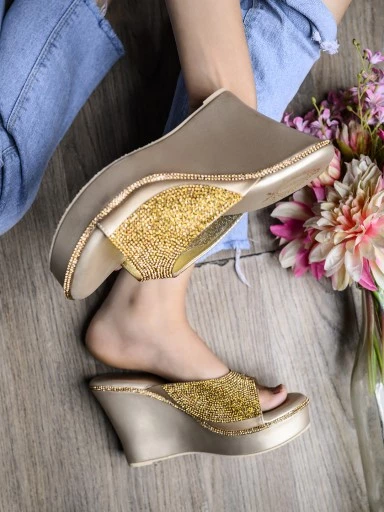 Stylestry Gold-Toned Embellished Party Wedges