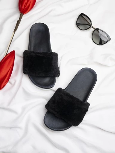 Stylestry Women Black Solid Fur Sliders