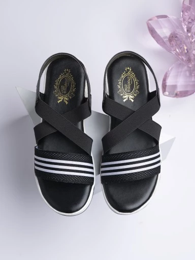 Stylestry Women's & Girl's Black Striped Wedges Heels Sandals
