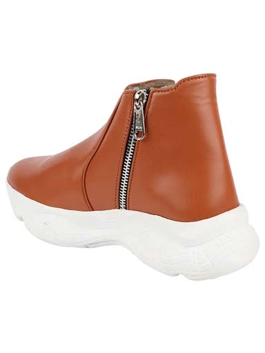 Stylestry Womens & Girls Tan Zipper Mid Top Heeled Boots