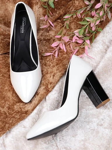 Stylestry Womens & Girls White Block Heels Pointed Toe Solid Pumps