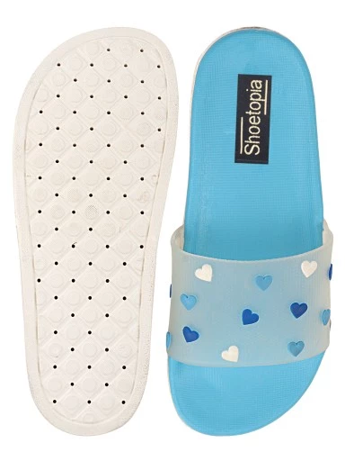 Stylestry Women Off White & Blue Printed Rubber Sliders