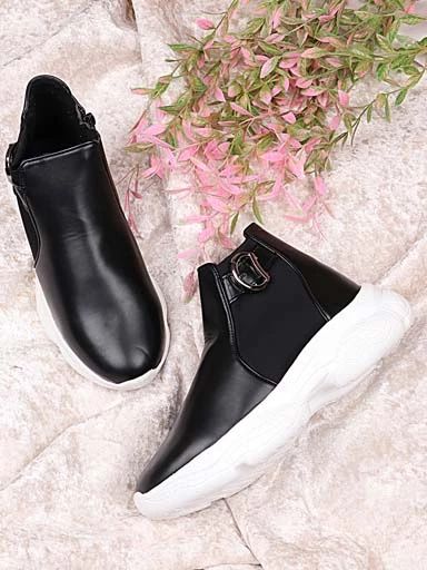 Stylestry Womens & Girls Black Zipper Mid Top Heeled Boots