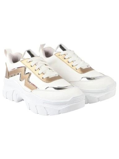 Stylestry Women White & Gold Mesh Walking Shoes