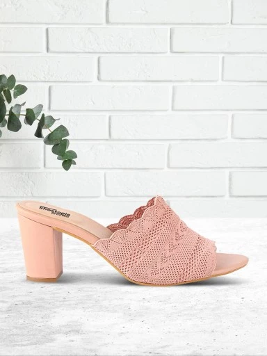 Stylestry Womens & Girls Pink Woven Design Block Heels Mules