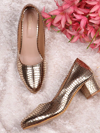 Stylestry Womens & Girls Gold-Toned Textured Block Pumps