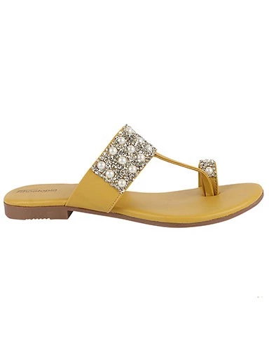 Stylestry Womens & Girls Yellow & Silver-Toned Embellished Leather Ethnic One Toe Flats