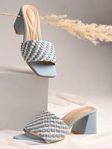 Stylestry Womens & Girls Blue & White Striped Block Peep Toes