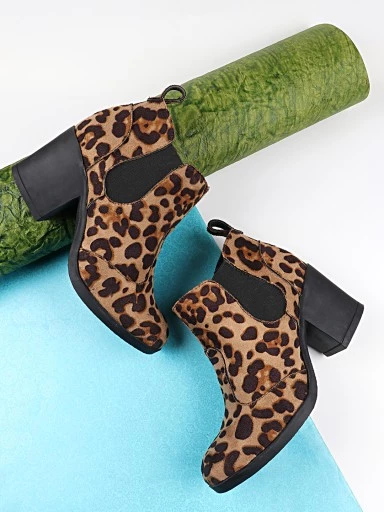 Stylestry Womens & Girls Tan Coloured Pull On Leopard Print Heeled Boots