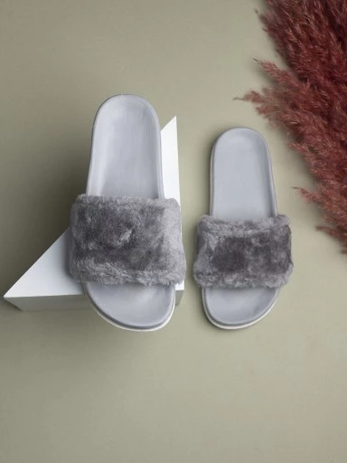 Stylestry Women Grey Solid Fur Slider Flip Flops