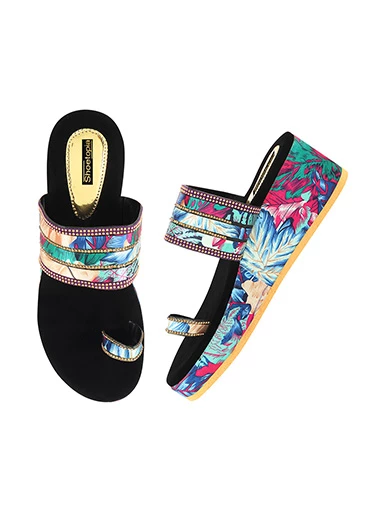 Stylestry Womens & Girls Blue & Pink Floral Print Embellished Platforms