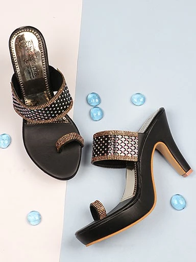 Stylestry Womens & Girls Black One Toe Ethnic-Embellished Slim Heels