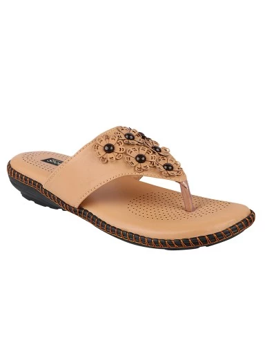 Stylestry Women Beige Black Embellished T-Strap Flats