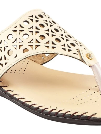 Stylestry Women Cream-Coloured Laser Cut Open Toe Flats